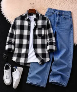 Classic Black and White Checkered Shirt with White Denim Set