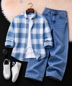 Classic Blue and White Checkered Shirt with White Denim Set