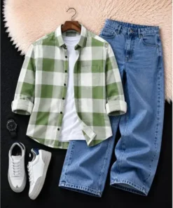 Classic Grey and Cream Checkered Shirt with White Denim Set