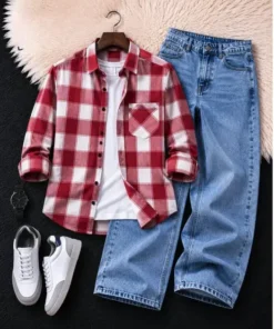 Classic Red Checkered Shirt & Relaxed Denim Jeans Combo